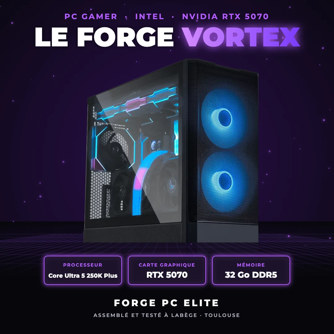PC gamer Forge Vortex RTX 5070 pour jouer en 2K